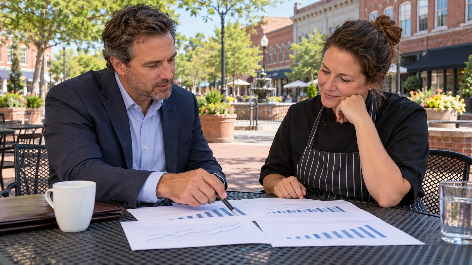 A broker and a restaurant owner look over printed monthly sales figures at an outdoor table in a downtown plaza