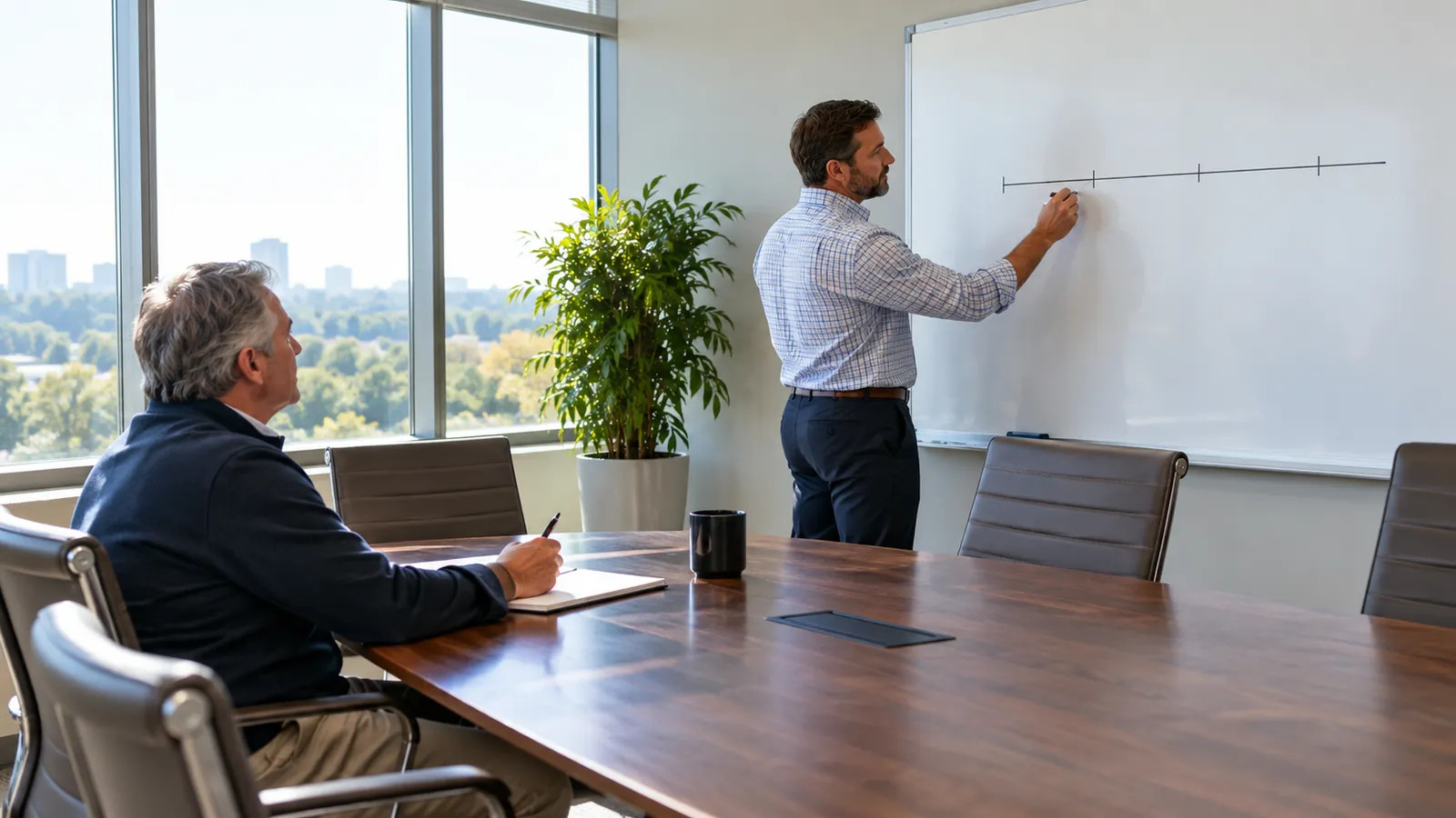 A broker draws a simple timeline on a whiteboard while a business owner takes notes in a bright conference room