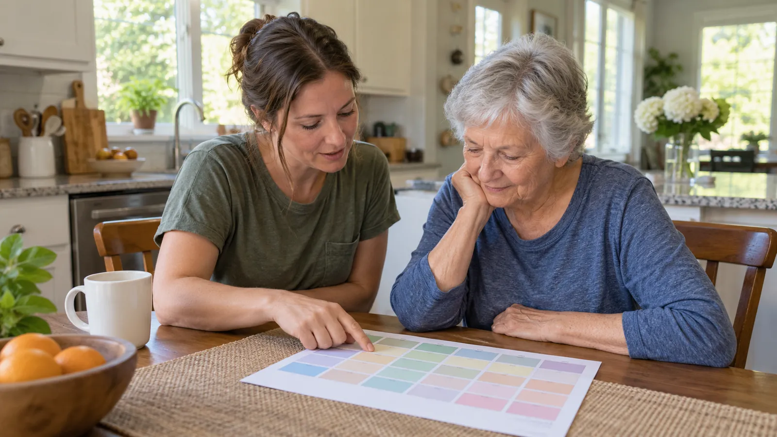 A caregiver and a client review a medication schedule at a kitchen table in a bright home