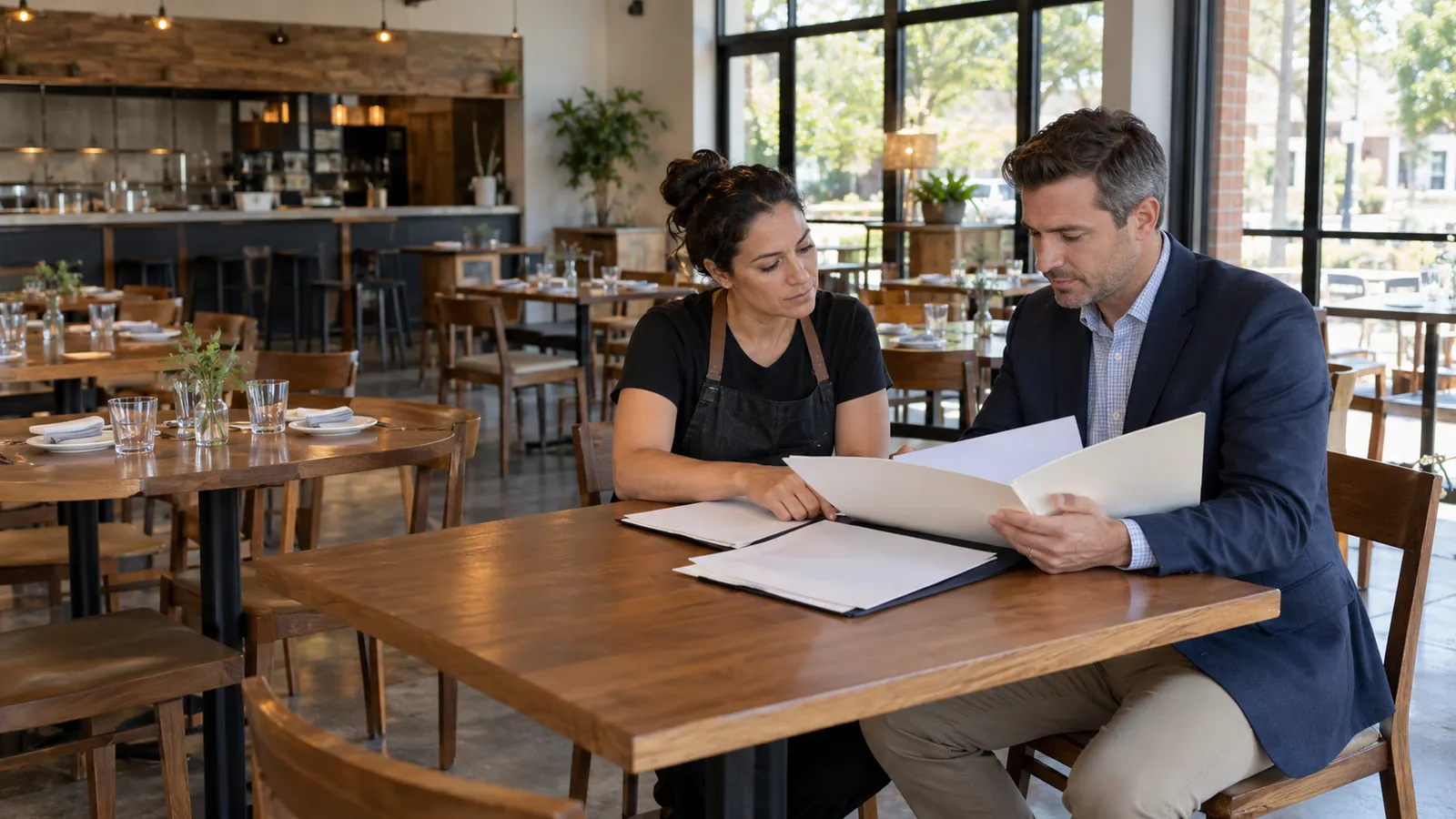 A restaurant owner and a broker review a permit folder and a lease at a corner table before opening