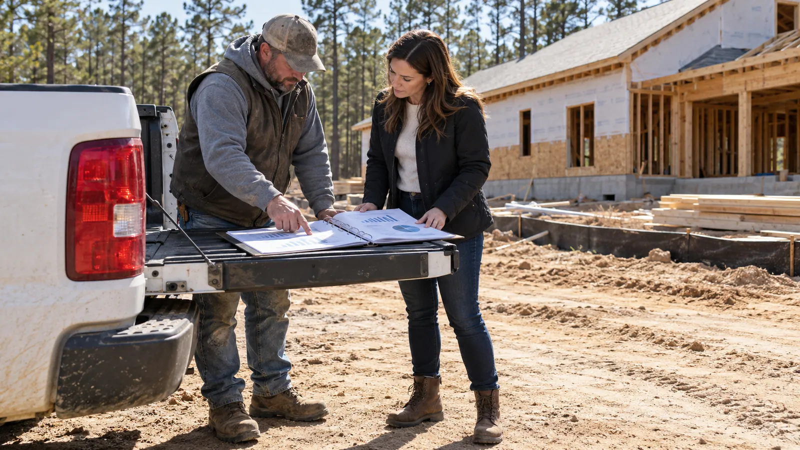 A contractor in work boots and a broker review a binder of financial statements on a truck tailgate at a job site